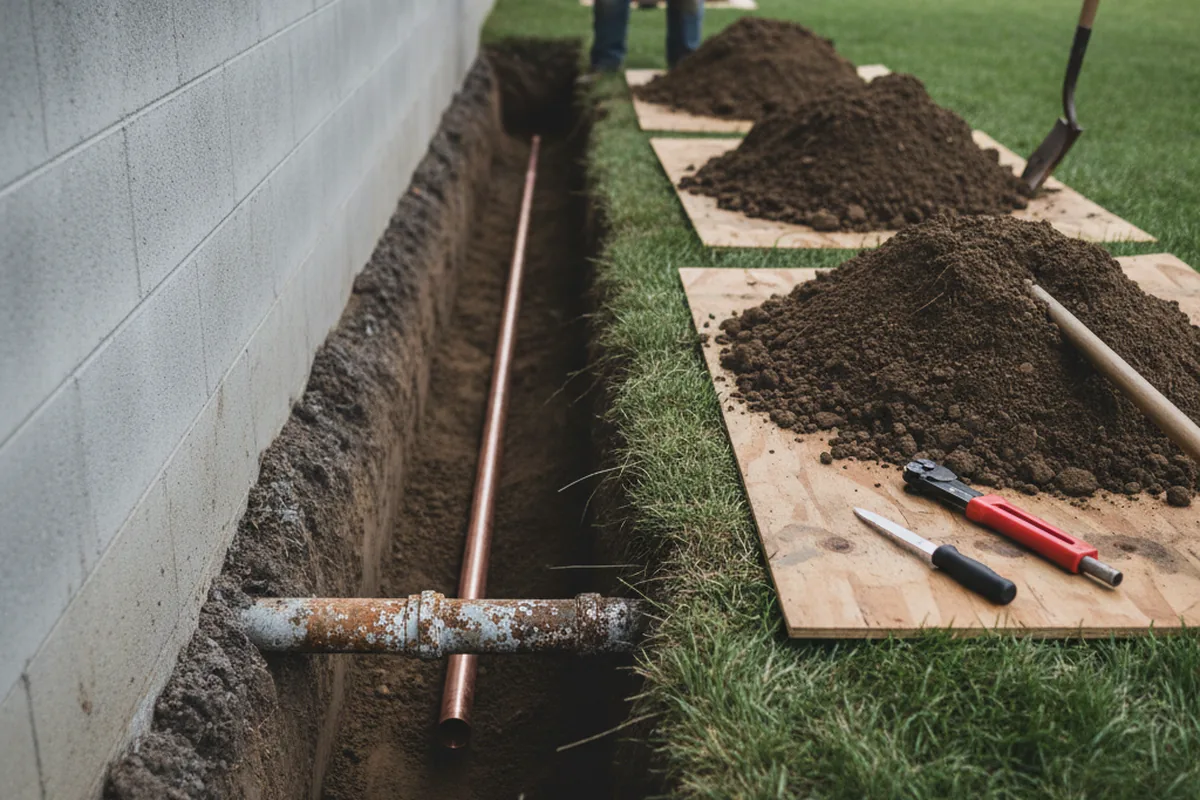 Excavated water line trench during Water Softener Installation in Northridge